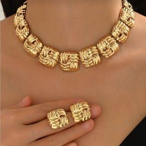 Elegant Gold Woven Necklace and Earring Set